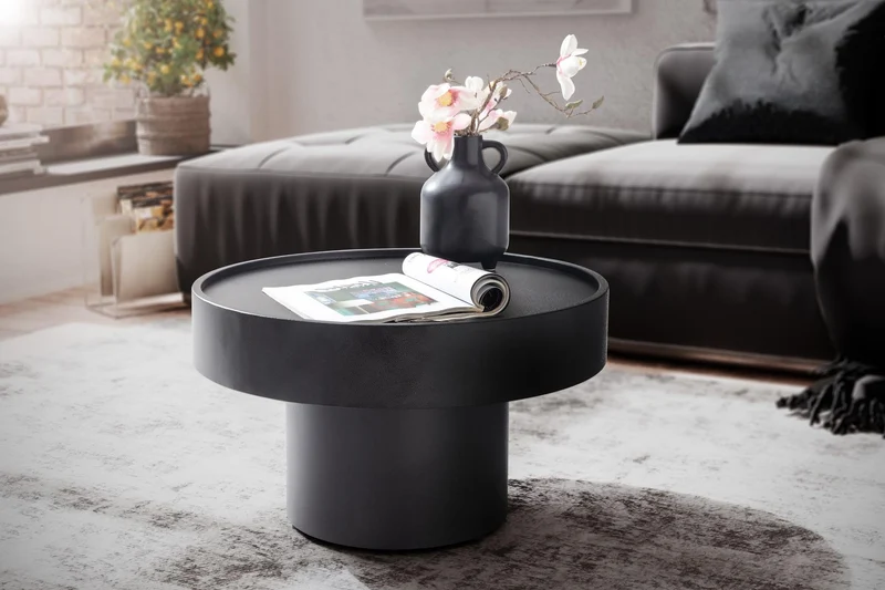 FineBuy Table basse ronde en métal noir 60 x 60 x 36 cm en forme de champignon Petite table d'appoint pour salon moderne