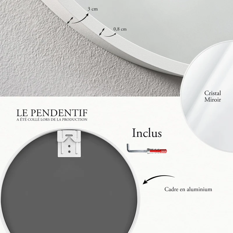 GOLD&CHROME UNIQUE DESIGN, Miroir Mural, Rond, avec Cadre en Aluminium - Blanc ⌀60 Miroir revêtue de téflon, résistante à l'humidité Cadre de Miroir, 2 cm de Profondeur, Peint par poudrage