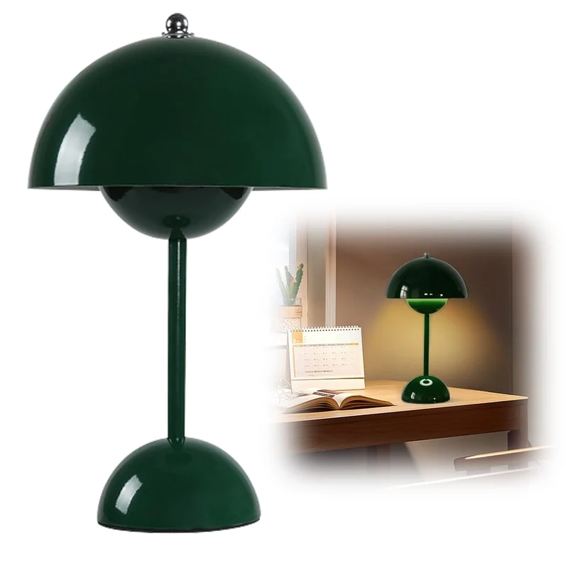 DASIAUTOEM Lampe Champignon, Lampe de Table Sans Fil, Portable Entièrement Graduable, Macaron de Table Tactile avec 3 Modes de Luminosité, Lampe de Chevet Rétro (Vert Foncé)