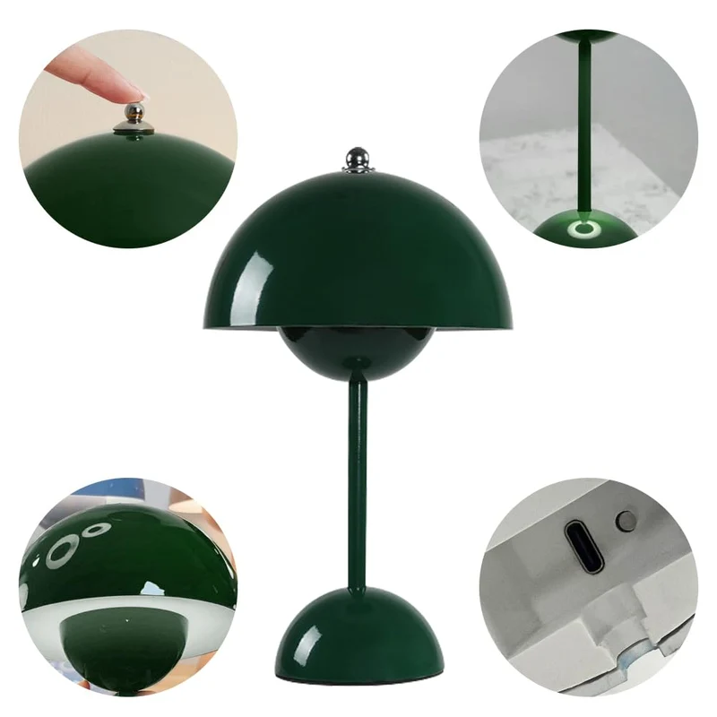 DASIAUTOEM Lampe Champignon, Lampe de Table Sans Fil, Portable Entièrement Graduable, Macaron de Table Tactile avec 3 Modes de Luminosité, Lampe de Chevet Rétro (Vert Foncé)