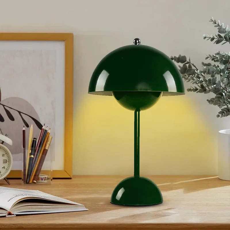 DASIAUTOEM Lampe Champignon, Lampe de Table Sans Fil, Portable Entièrement Graduable, Macaron de Table Tactile avec 3 Modes de Luminosité, Lampe de Chevet Rétro (Vert Foncé)