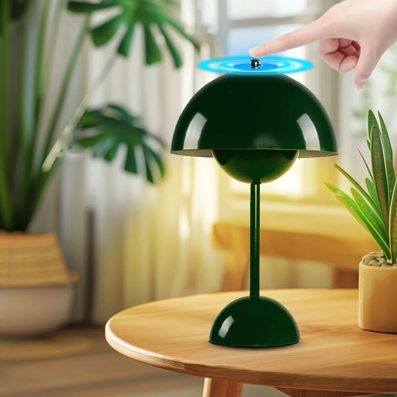 DASIAUTOEM Lampe Champignon, Lampe de Table Sans Fil, Portable Entièrement Graduable, Macaron de Table Tactile avec 3 Modes de Luminosité, Lampe de Chevet Rétro (Vert Foncé)