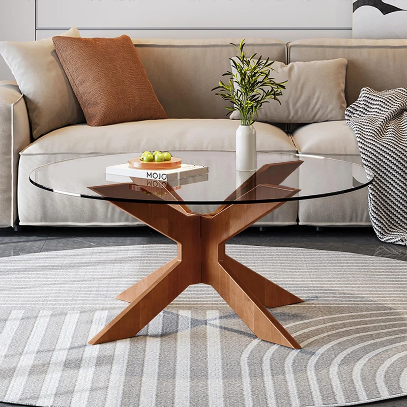 Table basse ronde en verre avec base en bois écrasé, tables d'appoint modernes en verre trempé, table de salon pour le salon, petite table ronde, simple et belle (transparent, 80 cm)