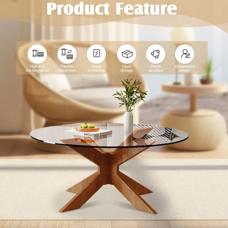 Table basse ronde en verre avec base en bois écrasé, tables d'appoint modernes en verre trempé, table de salon pour le salon, petite table ronde, simple et belle (transparent, 80 cm)