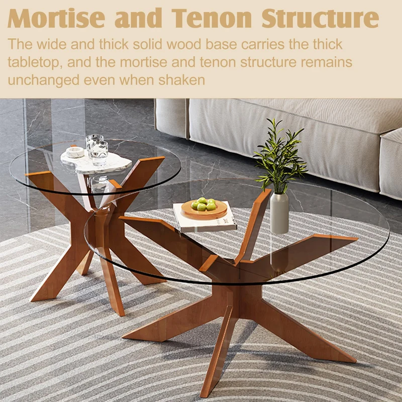 Table basse ronde en verre avec base en bois écrasé, tables d'appoint modernes en verre trempé, table de salon pour le salon, petite table ronde, simple et belle (transparent, 80 cm)