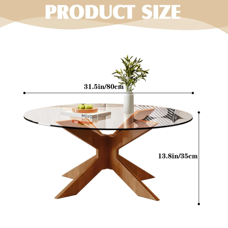Table basse ronde en verre avec base en bois écrasé, tables d'appoint modernes en verre trempé, table de salon pour le salon, petite table ronde, simple et belle (transparent, 80 cm)