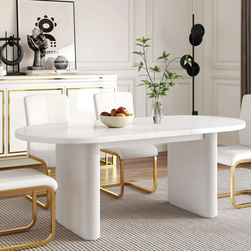 homary Japandi Table de salle à manger ovale extensible en bois avec base sur piédestal 160 à 200,7 cm Blanc 160 à 200,7 cm