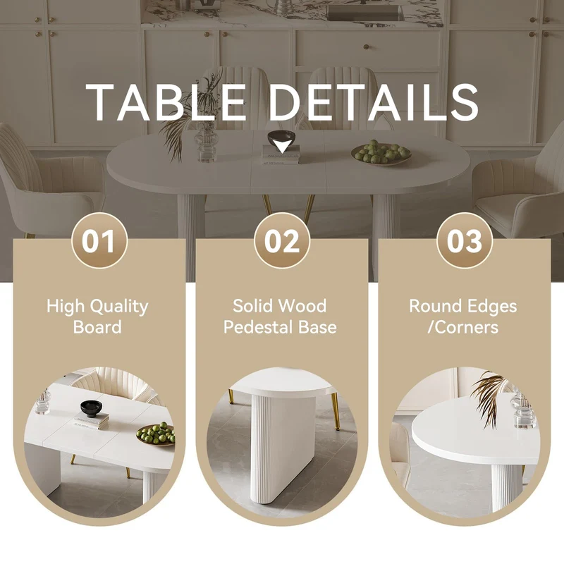 homary Japandi Table de salle à manger ovale extensible en bois avec base sur piédestal 160 à 200,7 cm Blanc 160 à 200,7 cm