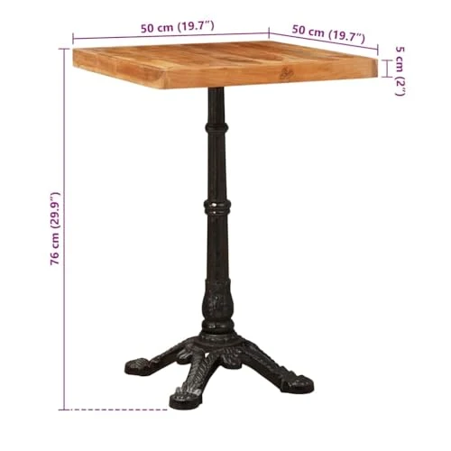 Ziaphsol Table de bistrot marron 50 x 50 x 76 cm en bois d'acacia massif avec pied en fonte, carrée, rustique, pour salle à manger et cuisine