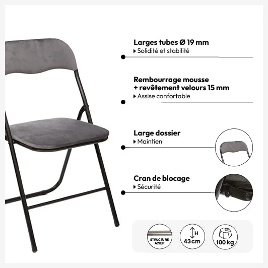 5 five simply smart Chaise Pliante Velours Gris, Gris foncé
