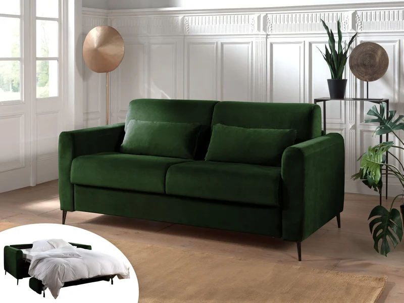 Lisa Design - Canapé Convertible Owen en Velours - Canapé Lit - Couchage Quotidien - Matelas 12 cm - Sofa Vert 3 Places - Salon