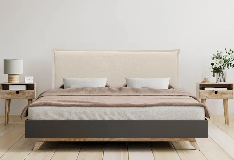 DHOME Tête de lit tapissée en lin naturel uni avec passepoil 160 x 105 cm avec pieds pour lits de 150/160 cm