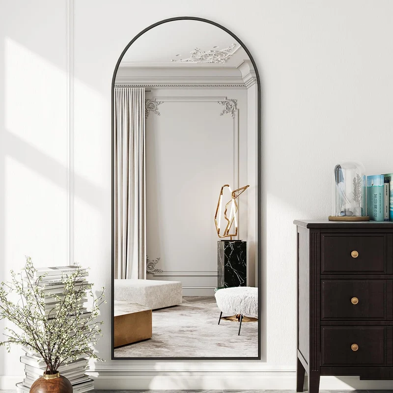 Koonmi Miroir sur pied avec dessus bombé, 171 x 76 cm, miroir arqué, avec verre robuste, miroir complet monté au mur, appuyé ou à placer librement avec pince, noir