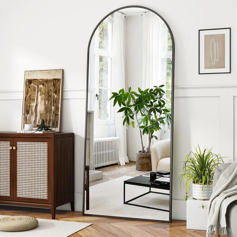 Koonmi Miroir sur pied avec dessus bombé, 171 x 76 cm, miroir arqué, avec verre robuste, miroir complet monté au mur, appuyé ou à placer librement avec pince, noir