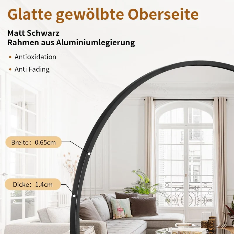 Koonmi Miroir sur pied avec dessus bombé, 171 x 76 cm, miroir arqué, avec verre robuste, miroir complet monté au mur, appuyé ou à placer librement avec pince, noir