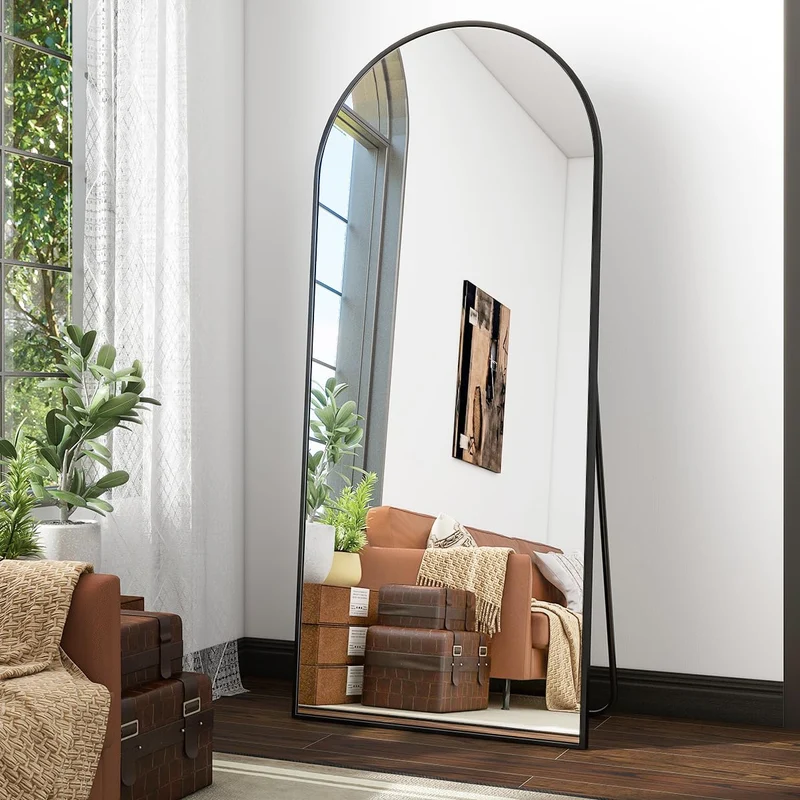 Koonmi Miroir sur pied avec dessus bombé, 171 x 76 cm, miroir arqué, avec verre robuste, miroir complet monté au mur, appuyé ou à placer librement avec pince, noir
