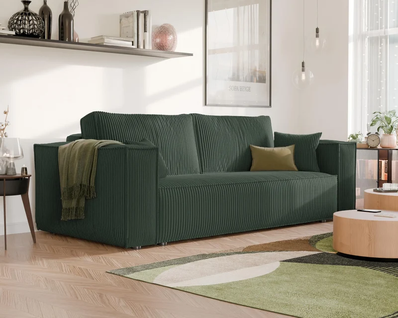 GREKPOL Sofa 240x105 cm - Canapé 3 Places Velours Côtelé - Vert Canapé Convertible 3 Places avec Dossier rembourré