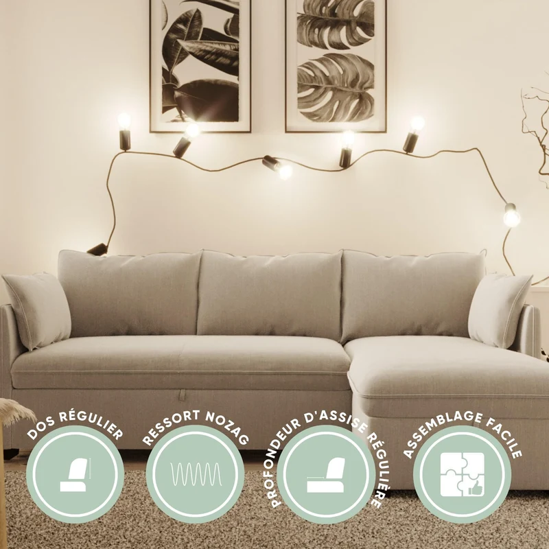 BUDWING Orlando Canapé Convertible d'angle Lit Chaise Longue Coffre Réversible Droite et Gauche Beige