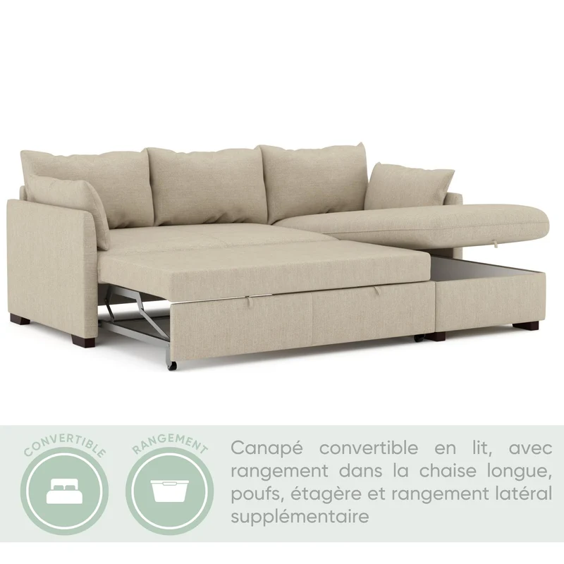 BUDWING Orlando Canapé Convertible d'angle Lit Chaise Longue Coffre Réversible Droite et Gauche Beige