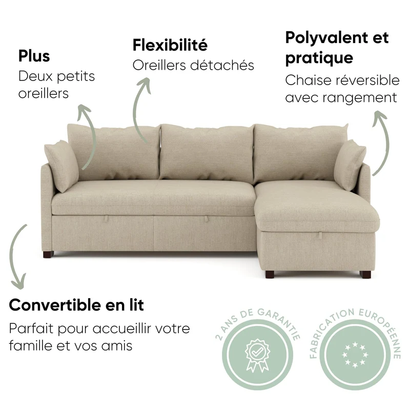 BUDWING Orlando Canapé Convertible d'angle Lit Chaise Longue Coffre Réversible Droite et Gauche Beige