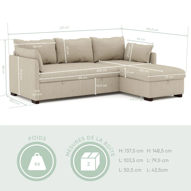 BUDWING Orlando Canapé Convertible d'angle Lit Chaise Longue Coffre Réversible Droite et Gauche Beige