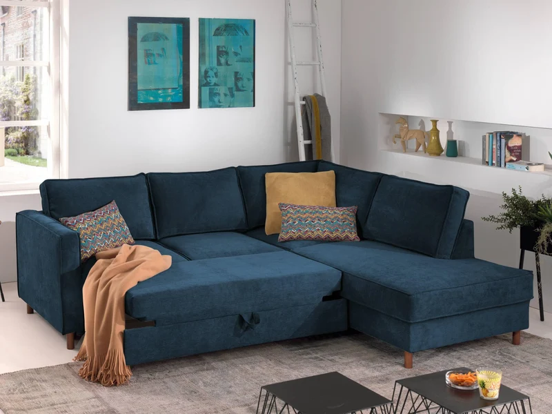 Lisa Design - Canapé d'angle Convertible - Angle Droit - Jake en Velours Côtelé - Canapé Lit - Sofa Bleu Ardoise 5 Places - Salon