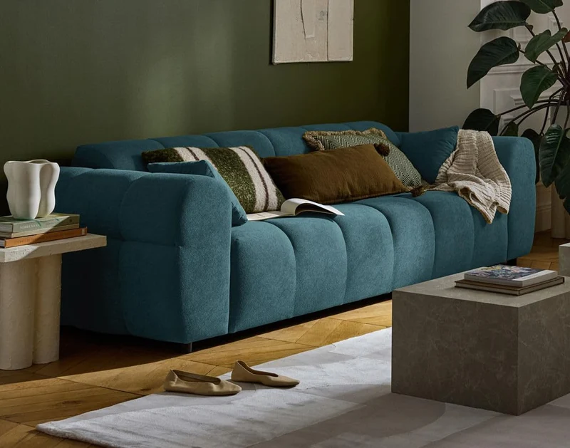 Lisa Design - Ray - canapé Droit 3 Places en Tissu texturé, Bleu grisé