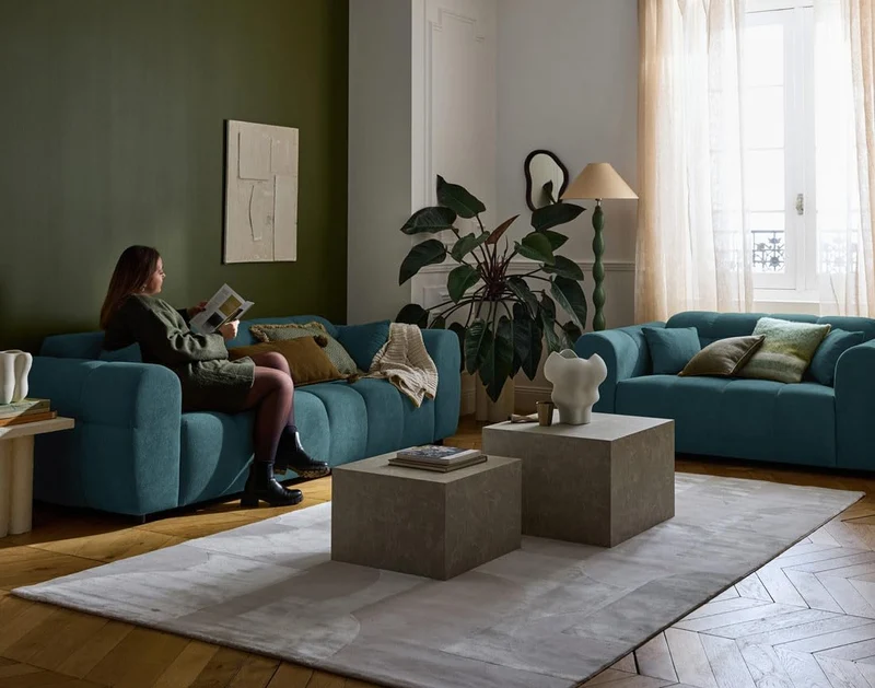 Lisa Design - Ray - canapé Droit 3 Places en Tissu texturé, Bleu grisé