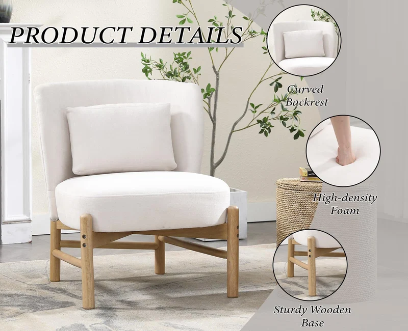 Ya-Home Fauteuil de Salon avec Cadre en Bois Massif Fauteuil Lounge avec Oreiller Lombaire Chaise de Salon en Chenille Fauteuil Rembourré pour Chambre, Blanc