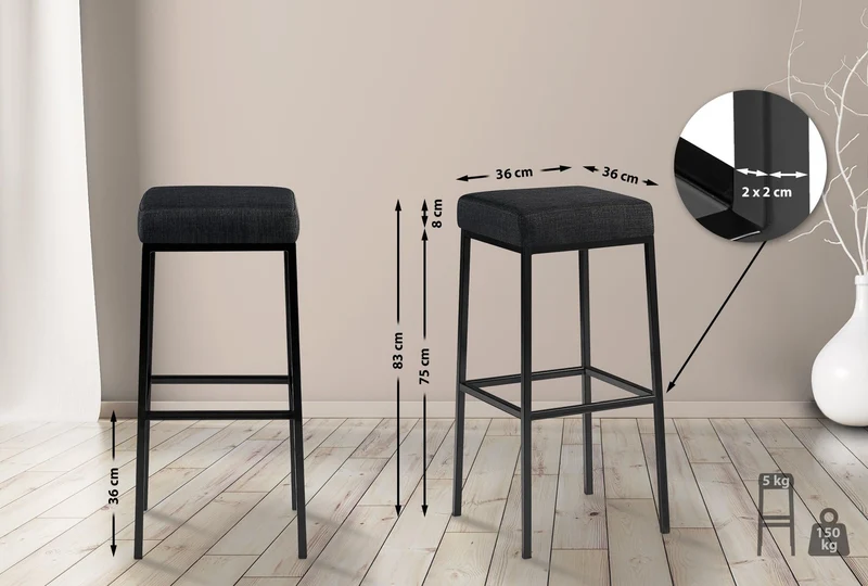 CLP Lot de 2 Tabourets De Bar Montréal avec Revêtement en Tissu I Chaise Haute avec Piétement en Métal Repose-Pied I Hauteur D'Assise 80 cm, Couleur:Gris foncé, Couleur du Cadre:Noir