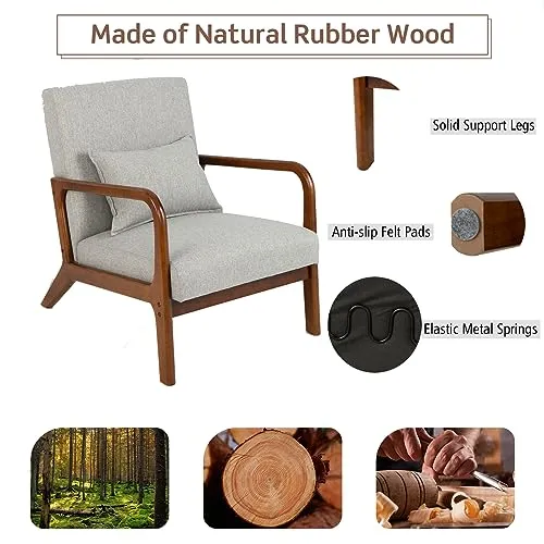 Fauteuil moderne rembourré avec pieds antidérapants en bois d'hévéa pour salon, chambre à coucher, bureau (gris avec soutien lombaire) assise confortable