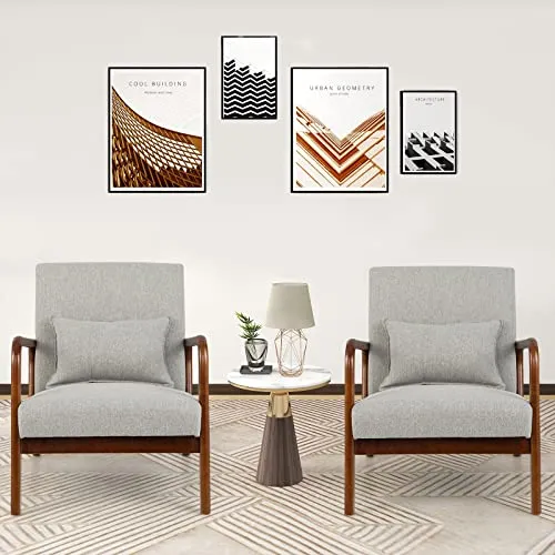 Fauteuil moderne rembourré avec pieds antidérapants en bois d'hévéa pour salon, chambre à coucher, bureau (gris avec soutien lombaire) assise confortable
