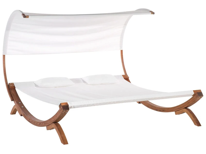 Lit Double de Jardin ou Terrasse en Bois de Larix et Textile Blanc Beige avec Capote Design Ultra Élégant et Confort Optimal Beliani