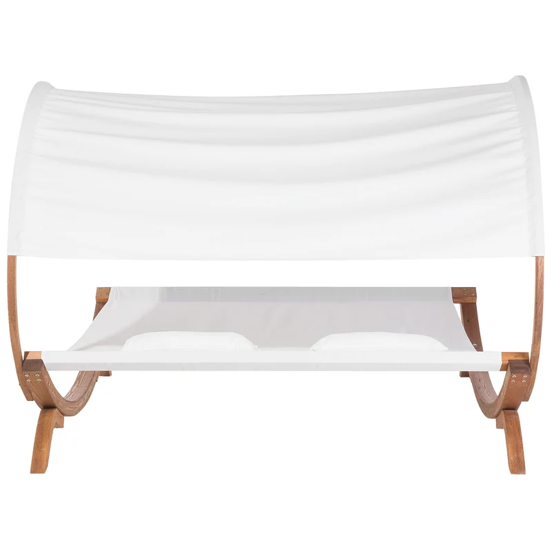 Lit Double de Jardin ou Terrasse en Bois de Larix et Textile Blanc Beige avec Capote Design Ultra Élégant et Confort Optimal Beliani