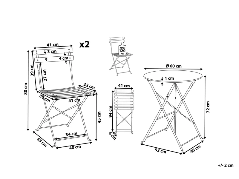 Salon de Jardin Bistrot Table et 2 Chaises en Acier Blanc Pliable avec Patins Fiori
