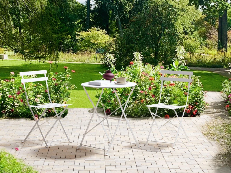 Salon de Jardin Bistrot Table et 2 Chaises en Acier Blanc Pliable avec Patins Fiori