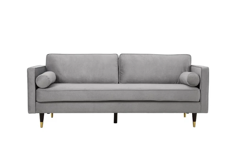 CONCEPT USINE - Canapé Nalha Gris Clair en Velours 3 Places - Revêtement en Velours 100% Polyester - avec Accoudoirs - 2 Longs Coussins Ronds Déhoussables - Largeur 199 cm - Résistant, Design Élégant