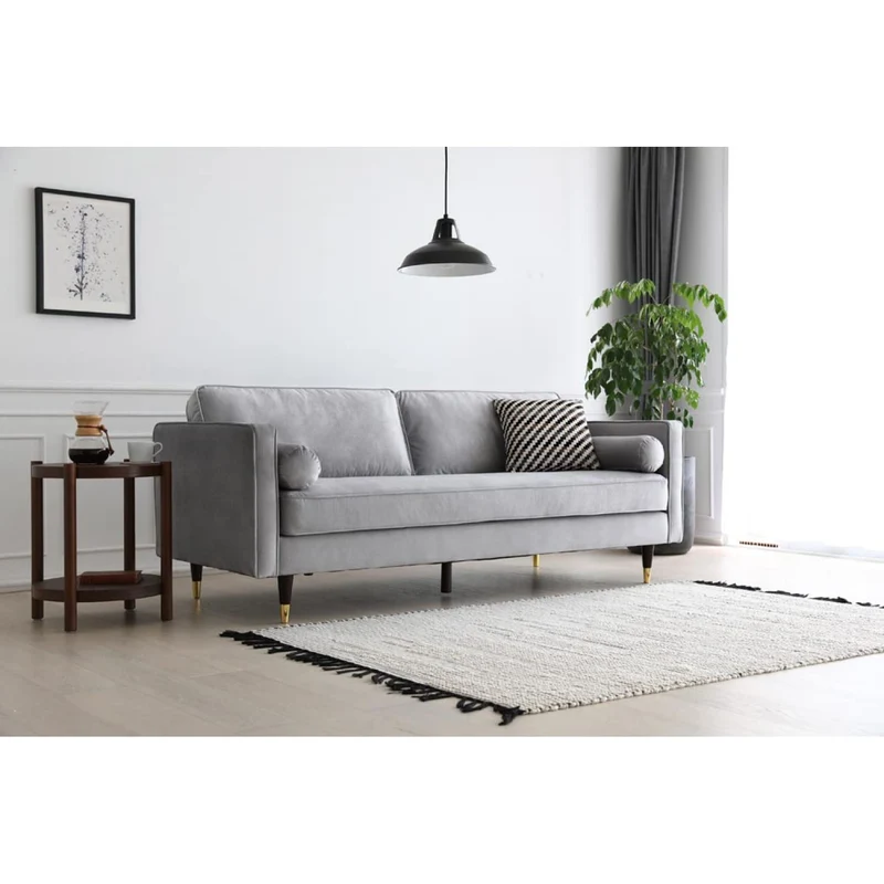 CONCEPT USINE - Canapé Nalha Gris Clair en Velours 3 Places - Revêtement en Velours 100% Polyester - avec Accoudoirs - 2 Longs Coussins Ronds Déhoussables - Largeur 199 cm - Résistant, Design Élégant