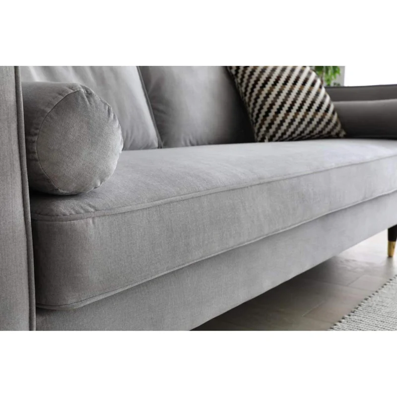 CONCEPT USINE - Canapé Nalha Gris Clair en Velours 3 Places - Revêtement en Velours 100% Polyester - avec Accoudoirs - 2 Longs Coussins Ronds Déhoussables - Largeur 199 cm - Résistant, Design Élégant