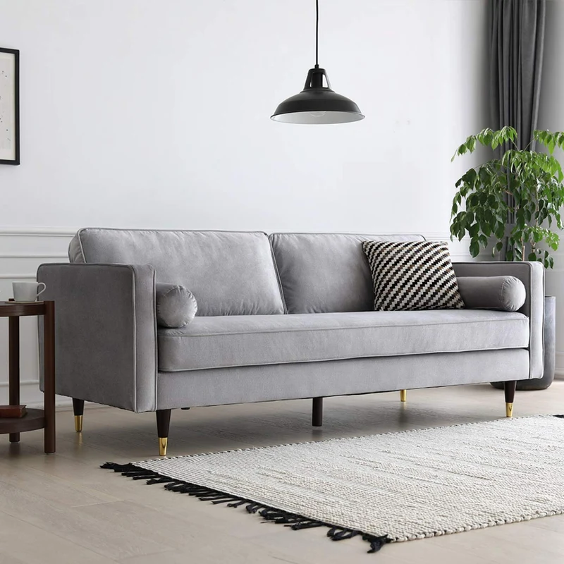 CONCEPT USINE - Canapé Nalha Gris Clair en Velours 3 Places - Revêtement en Velours 100% Polyester - avec Accoudoirs - 2 Longs Coussins Ronds Déhoussables - Largeur 199 cm - Résistant, Design Élégant