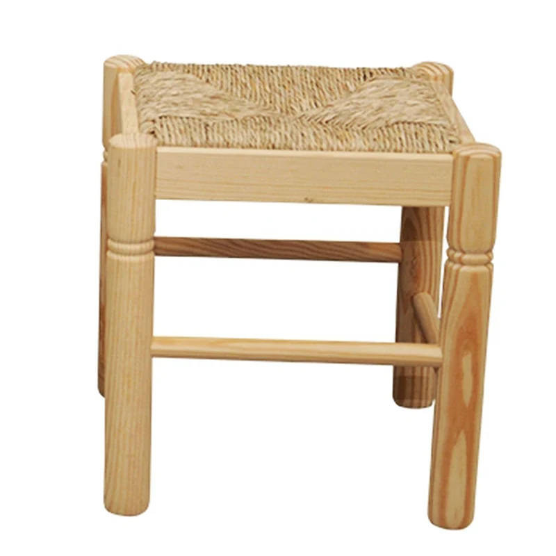 Acan Tradineur Tabouret de maison petit carré avec paille sur siège à pieds ronds, banc carré avec raphia en assise, 35 x 33,5 x 33,5 cm