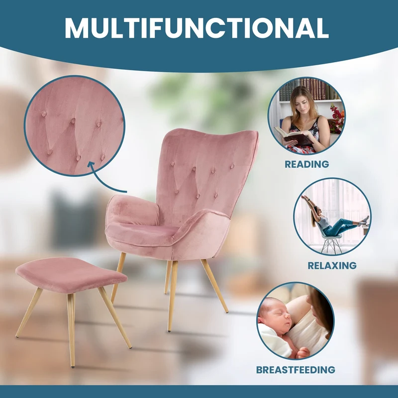 Albatros Fauteuil avec Tabouret York, Rose, Housse en Velours, confortablement rembourré, Fauteuil TV, Fauteuil rembourré