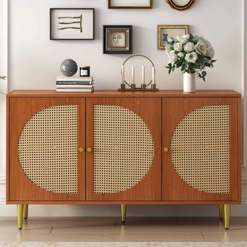 KOMHTOM Buffet en rotin - Armoire de rangement polyvalente avec trois portes et séparateurs amovibles - Armoire de rangement pour salon, chambre à coucher (noyer)