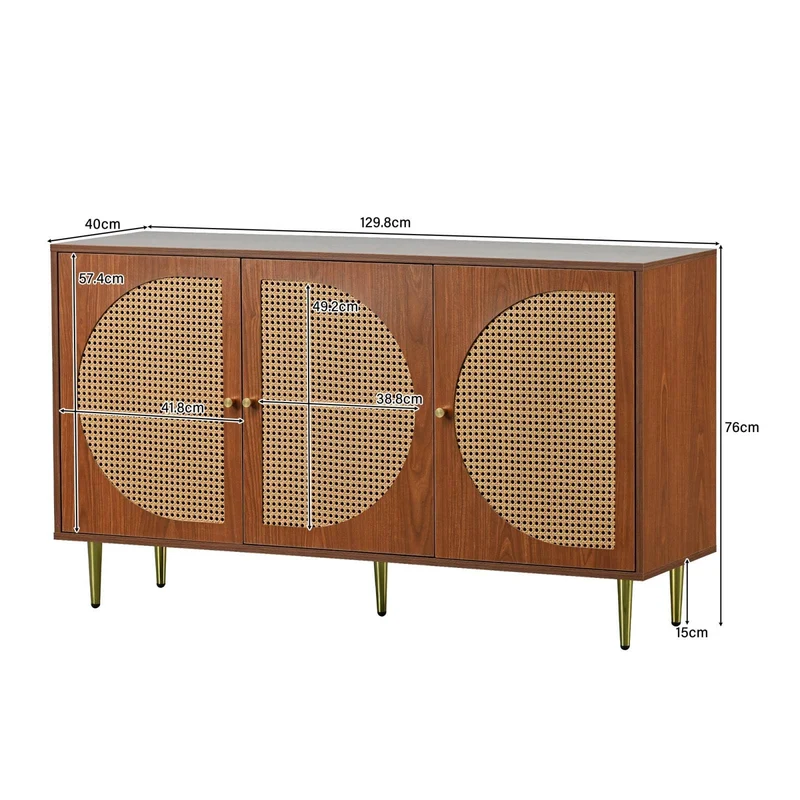 KOMHTOM Buffet en rotin - Armoire de rangement polyvalente avec trois portes et séparateurs amovibles - Armoire de rangement pour salon, chambre à coucher (noyer)
