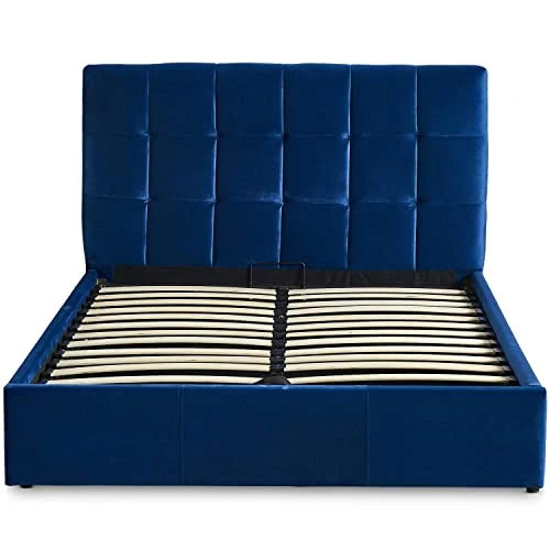Menzzo Lit Double Luftani avec sommier relevable 140x190cm Velours Bleu