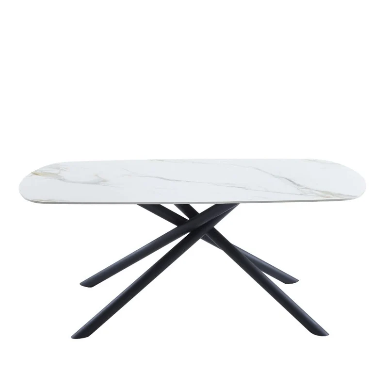 Casa Vital Table à manger AZGON, blanc et or, 180 x 90 x 76 cm, pierre frittée, motif marbre blanc avec veines dorées, pieds en métal noir avec forme intéressante