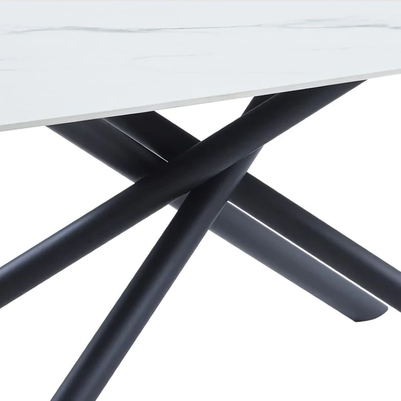 Casa Vital Table à manger AZGON, blanc et or, 180 x 90 x 76 cm, pierre frittée, motif marbre blanc avec veines dorées, pieds en métal noir avec forme intéressante