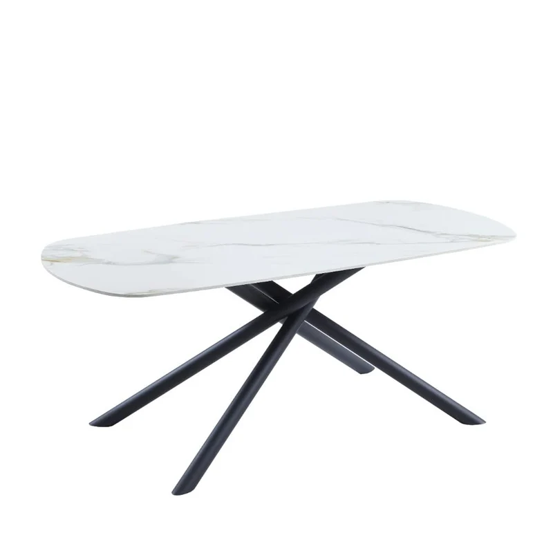 Casa Vital Table à manger AZGON, blanc et or, 180 x 90 x 76 cm, pierre frittée, motif marbre blanc avec veines dorées, pieds en métal noir avec forme intéressante
