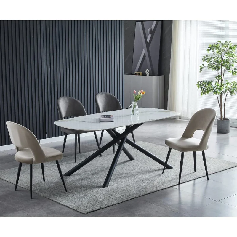 Casa Vital Table à manger AZGON, blanc et or, 180 x 90 x 76 cm, pierre frittée, motif marbre blanc avec veines dorées, pieds en métal noir avec forme intéressante
