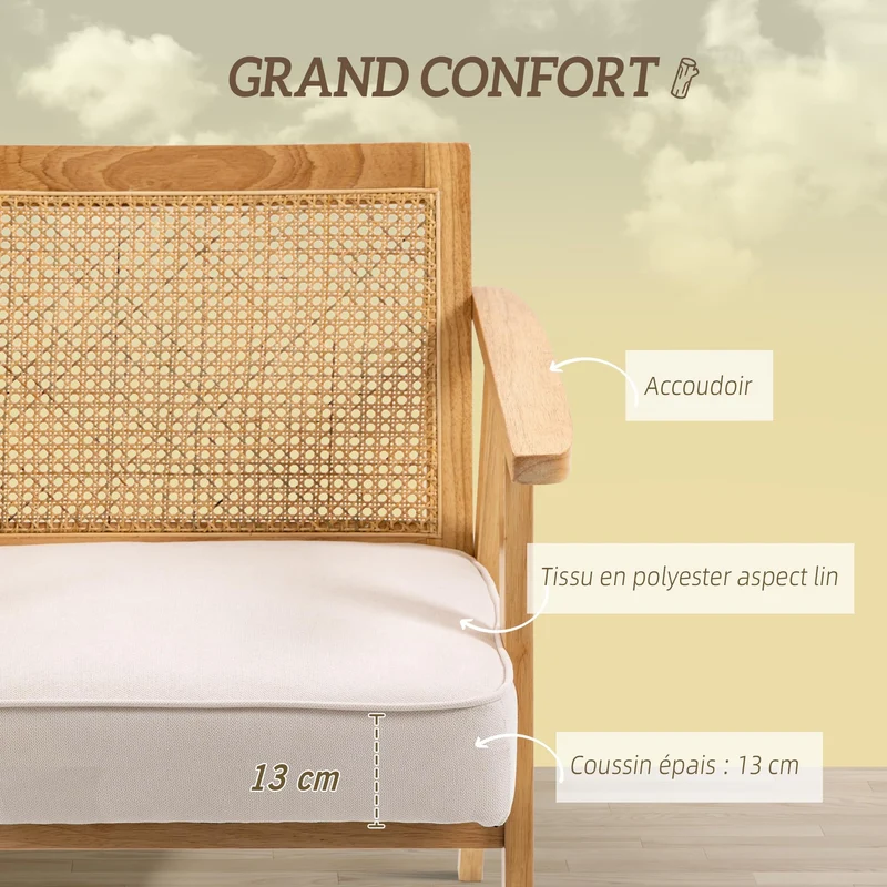 HOMCOM Fauteuil de Salon Confortable, Chaise en rotin avec Dossier en cannage, Coussin épais, Assise Profonde, Structure en Bois hévéa Tissu Aspect Lin Beige